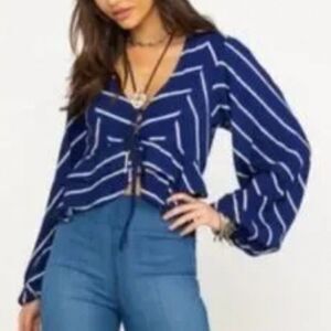Free People Cropped Blouse Samifran Top Indigo blue long sleeve Striped Medium